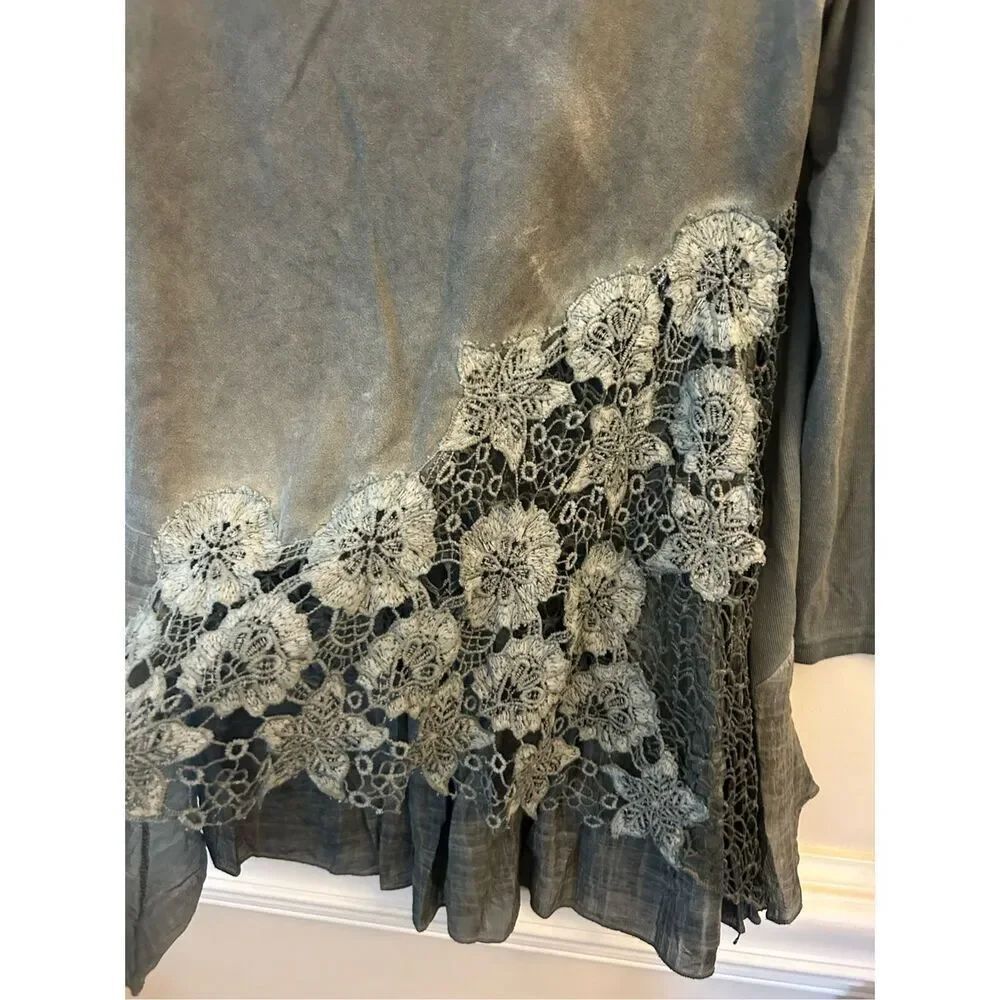 Feratelli embroidered crochet boho top sz S linen blend Lagenlook mixed media - Picture 4 of 6
